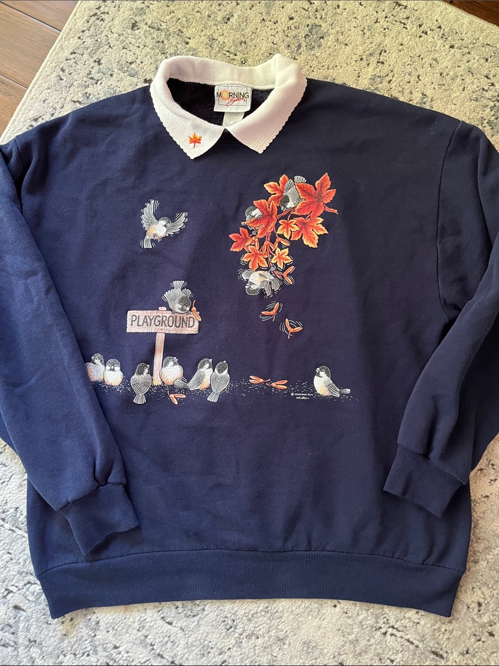 Morning sun Birds and fall leaves Navy Sweater crewneck